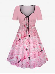 Plus Size Flamingo Print Cinched Hawaii Dress -  