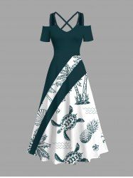 Plus Size Sea Creatures Turtle Pineapple Coconut Tree Print Cold Shoulder Hawaii Maxi Dress -  