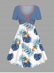 Plus Size Tropical Leaf Fruit Print Cinched Hawaii Dress -  