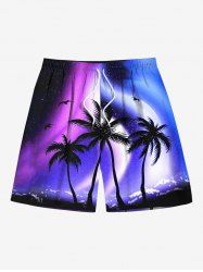 Plus Size Coconut Tree Colorful Ombre Aurora Galaxy Print Hawaii Drawstring Beach Shorts For Men -  