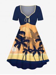 Plus Size Coconut Tree Sun Cloud Colorblock Print Cinched Hawaii Dress -  