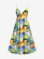 Robe Ligne A Superposée Feuille de Ginkgo Imprimée de Grande Taille - Bleu 3X