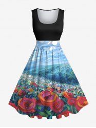 Robe Vintage Trapèze Imprimé à Rose et Nuage du Ciel Grande Taille - Bleu Ciel 2X
