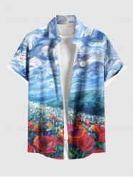 Plus Size Painting Rose Flower Sky Cloud Print Hawaii Button Pocket Shirt For Men -  
