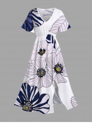 Plus Size Striped Petal Flower Print Hawaii Split Pocket A Line Midi Dress -  