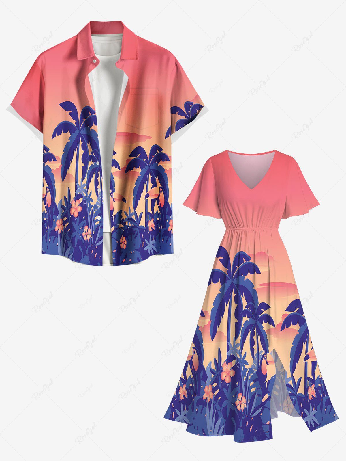 Tenue de Plage Grande Taille Imprimé Arbre de Noix de Coco et Fleurs Rose clair 