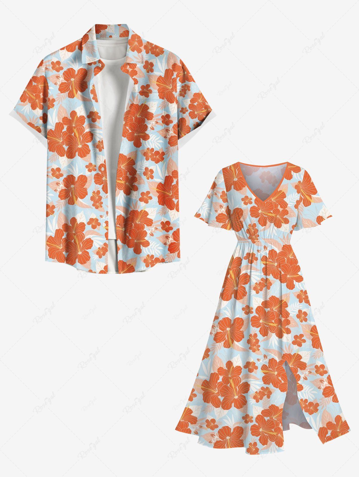 Tenue de Plage à Imprimé Hibiscus et Fleurs Tropicales Grande-Taille pour Couples Orange 