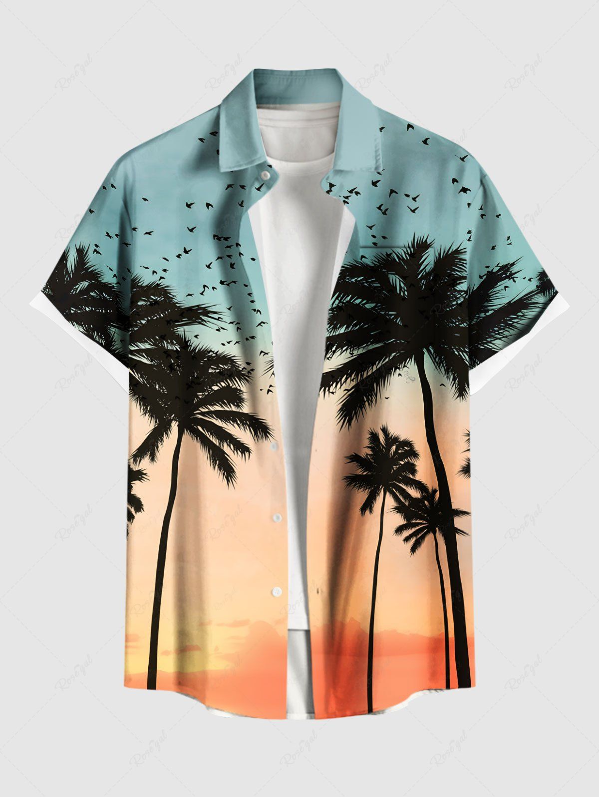Hot Plus Size Coconut Tree Bird Ombre Dusk Print Hawaii Button Pocket Shirt For Men  