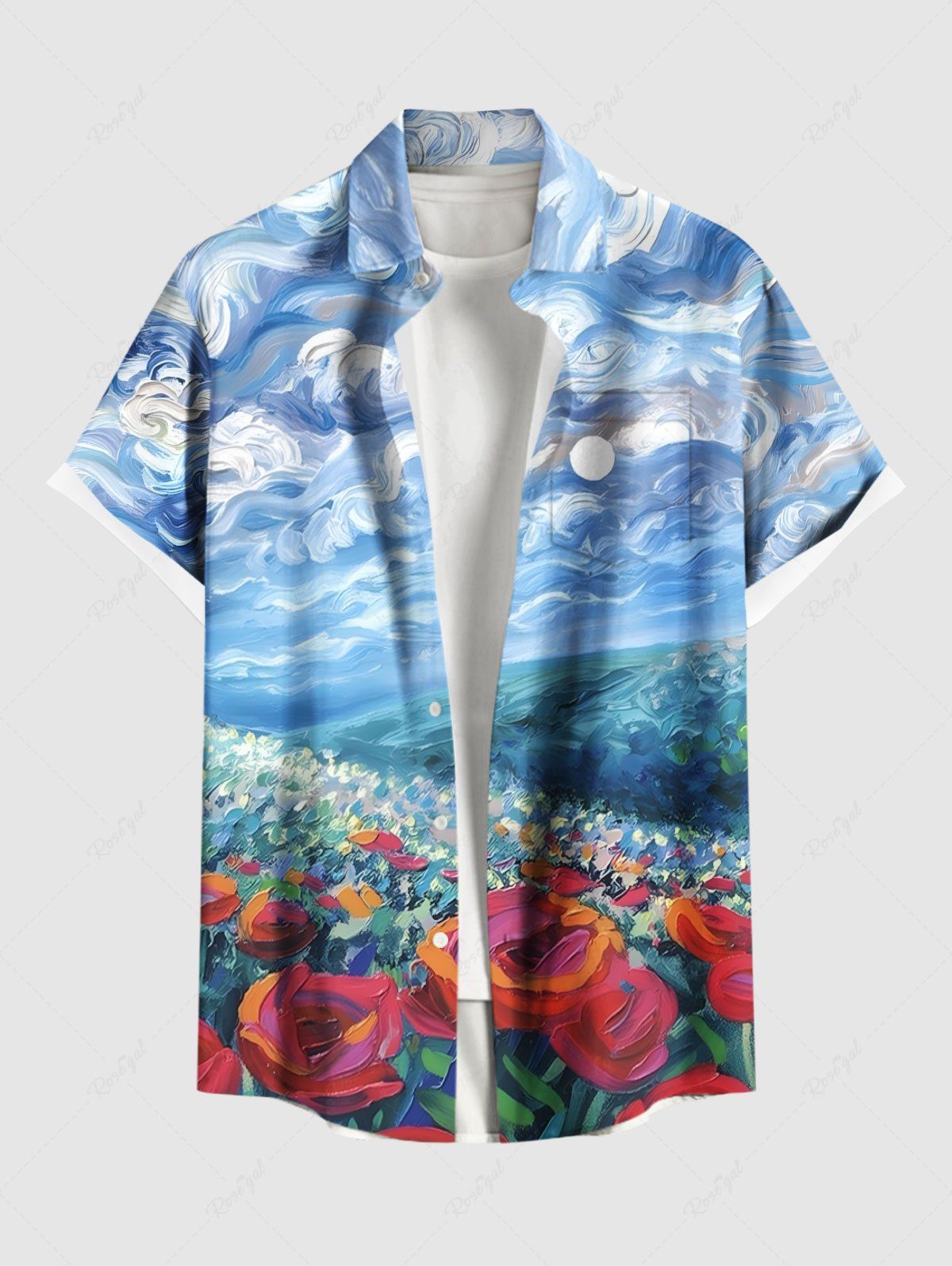Chemise Décontractée Peinture Rose Fleur et Nuage Imprimées avec Poche de Grande Taille pour Homme Bleu Ciel XL