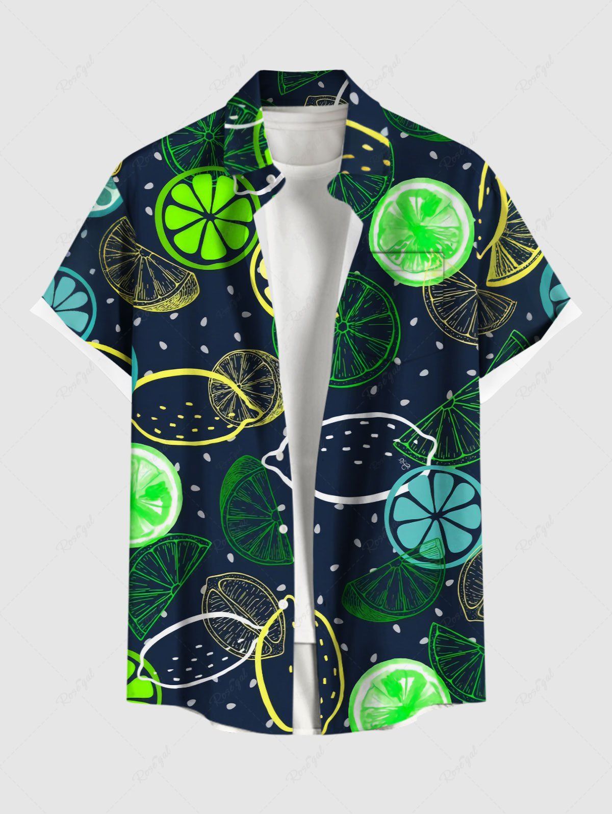 Fancy Plus Size Colorful Lemon Orange Print Hawaii Button Pocket Shirt For Men  