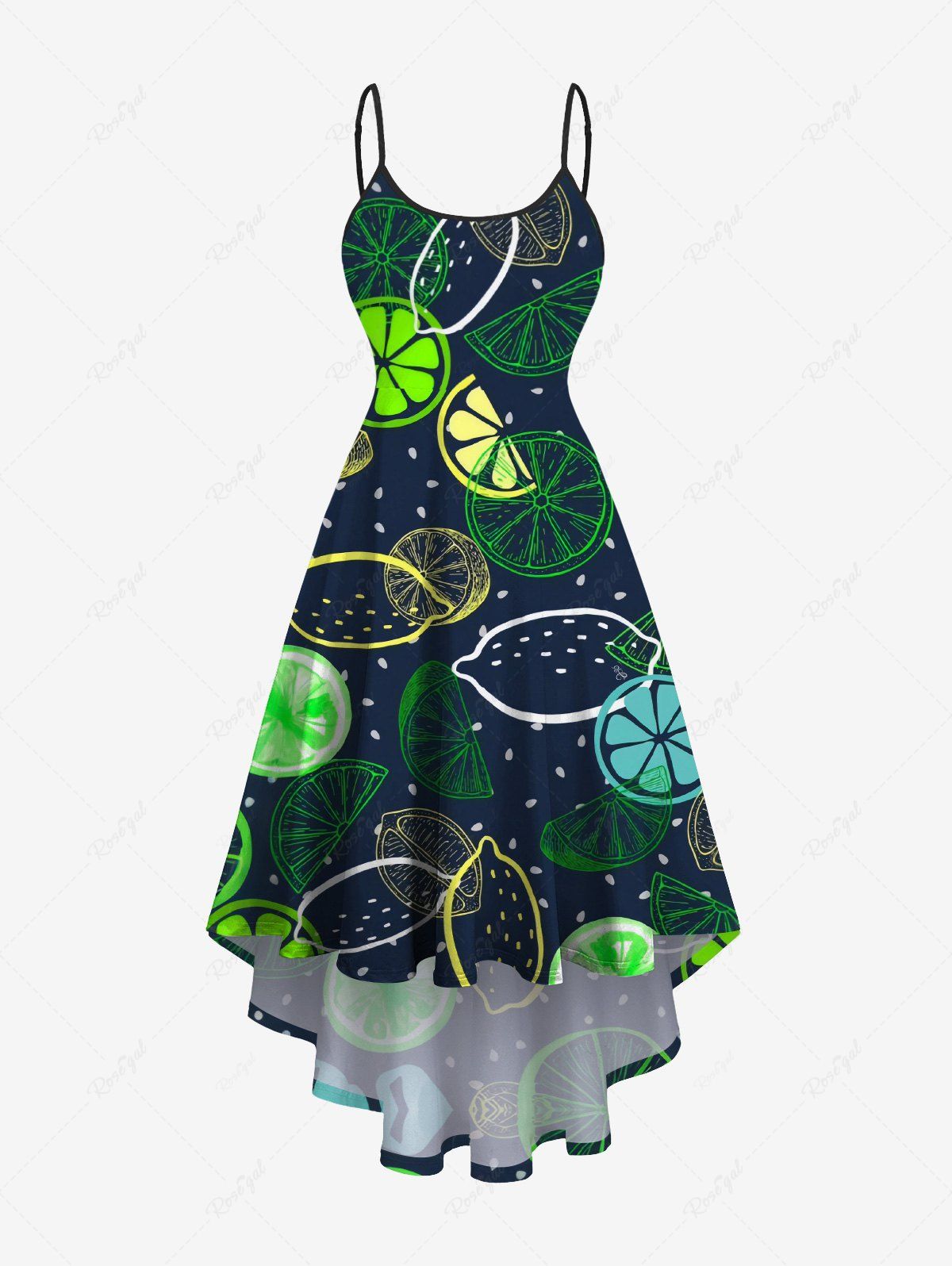 Outfits Plus Size Colorful Lemon Orange Print Hawaii High Low Asymmetric Cami Dress  