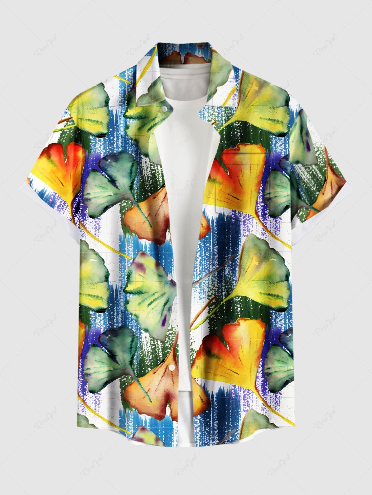 Shops Plus Size Ginkgo Leaf Painting Print Hawaii Button Pocket Shirt For Men  