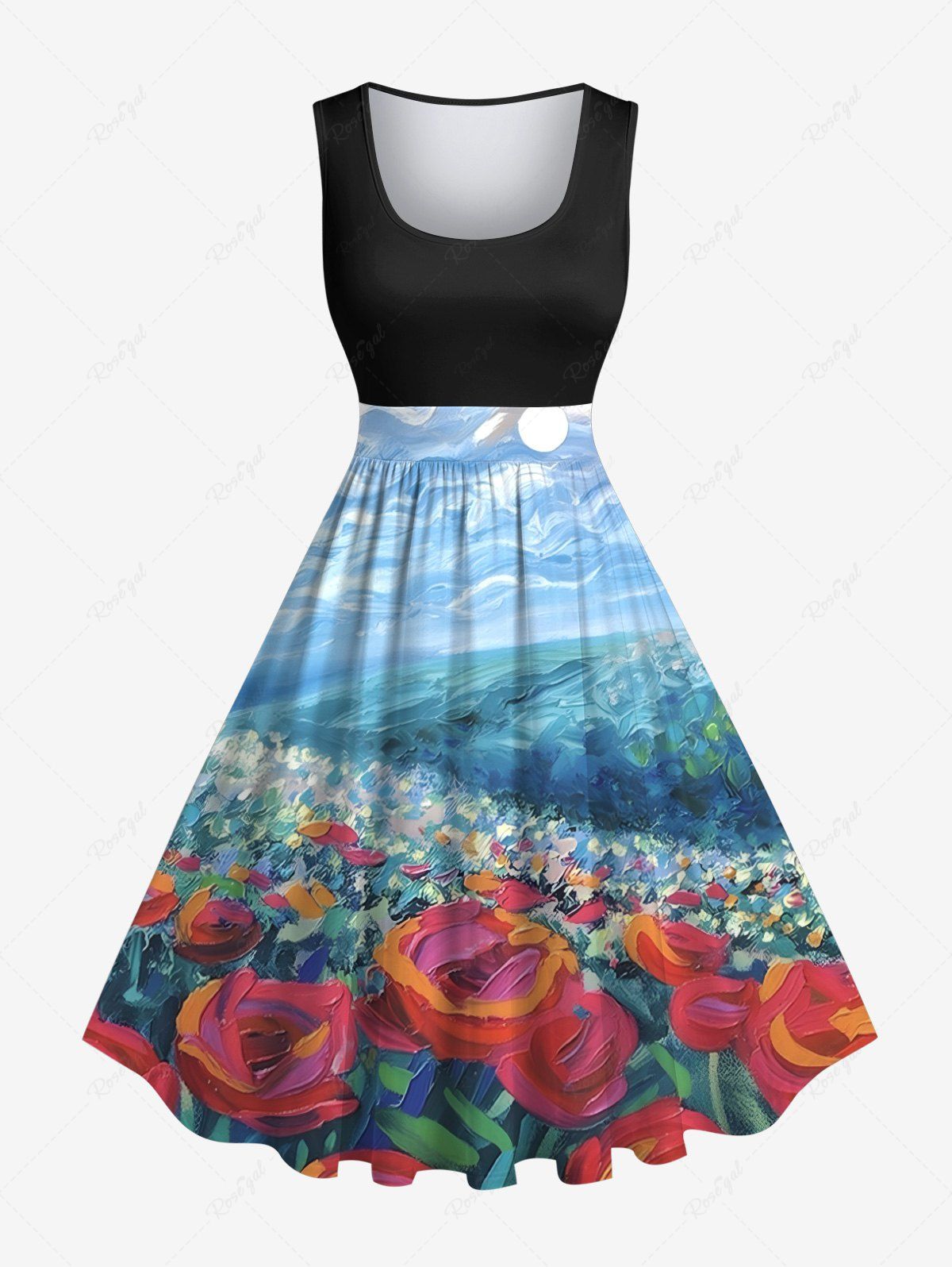 Cheap Plus Size Painting Rose Flower Sky Cloud Print Hawaii Vintage Swing A Line Dress  