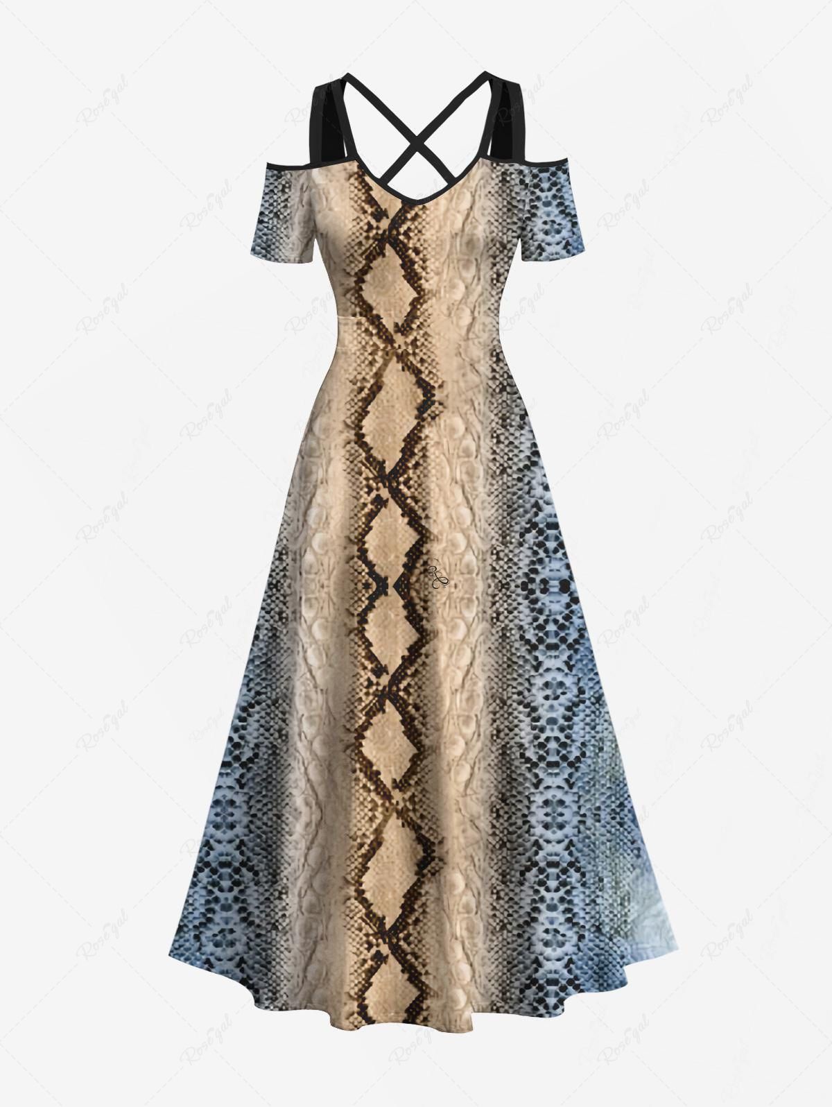 Fancy Plus Size Snake Pattern Geometric Textured Print Hawaii Cold Shoulder Crisscross A Line Maxi Dress  