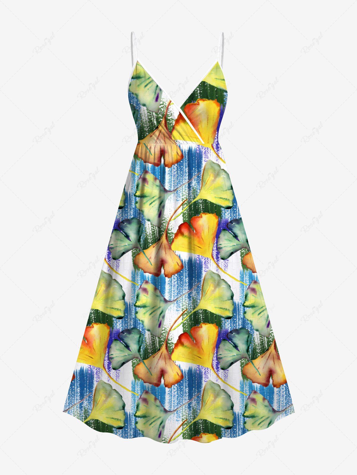 Chic Plus Size Ginkgo Leaf Painting Print Hawaii Surplice A Line Cami Dress  