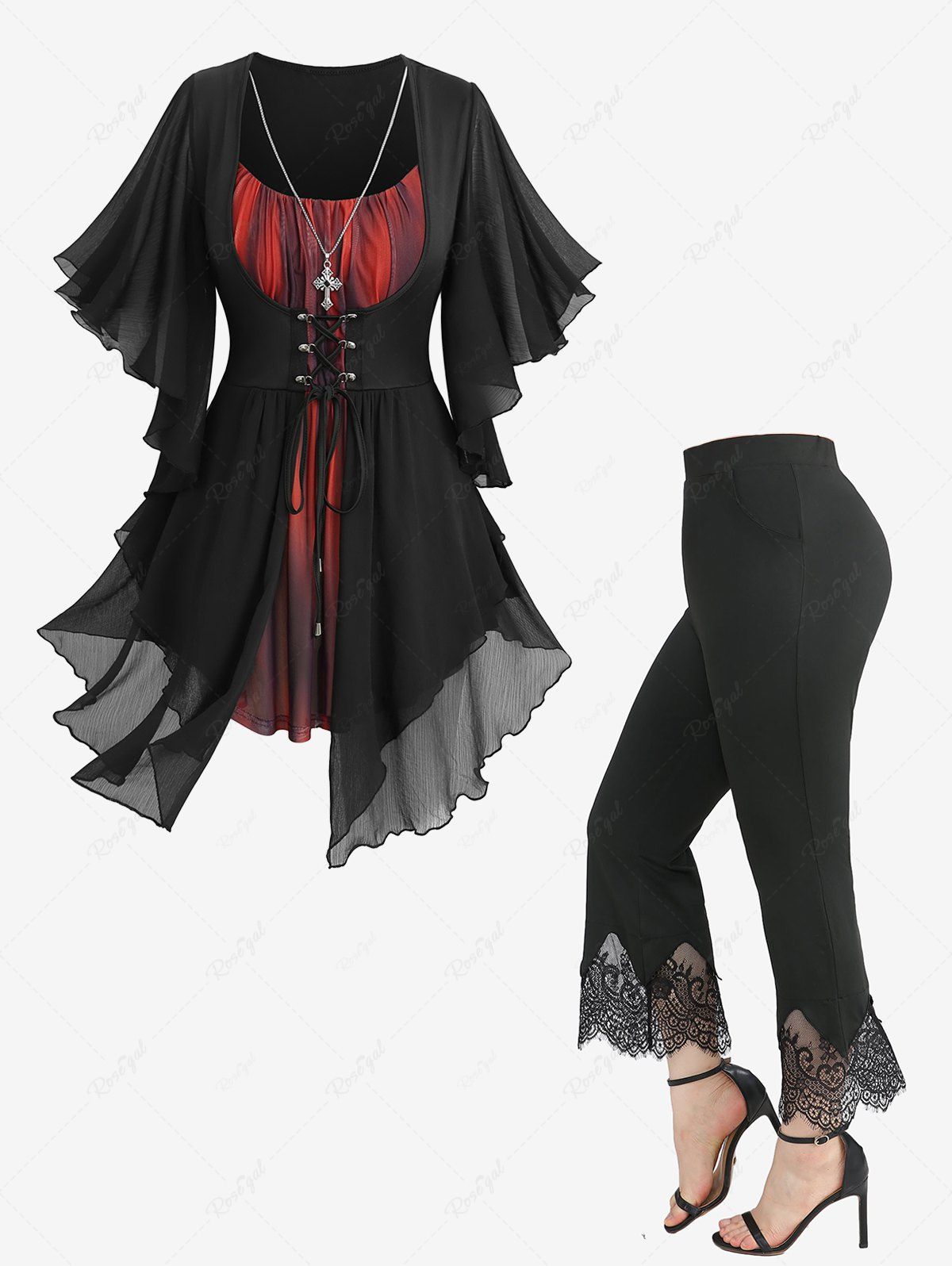 Store Lace-up Ombre Asymmetrical Butterfly Sleeve T-shirt and Scalloped Tassel Lace Trim Flare Pants Plus Size Outfit  