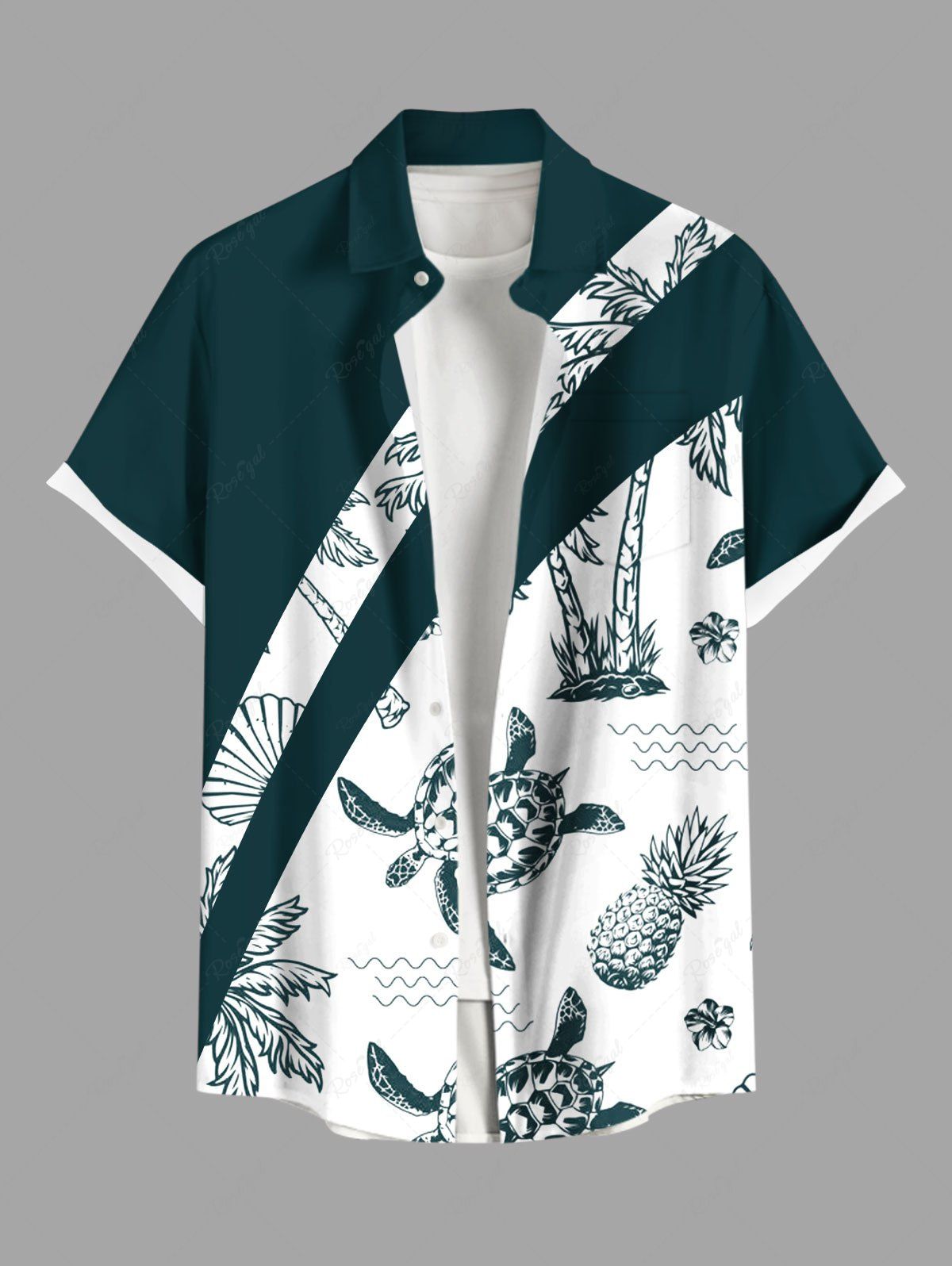 Fashion Plus Size Sea Creatures Turtle Pineapple Coconut Tree Print Buttons Pocket Hawaii Shirt For Men  
