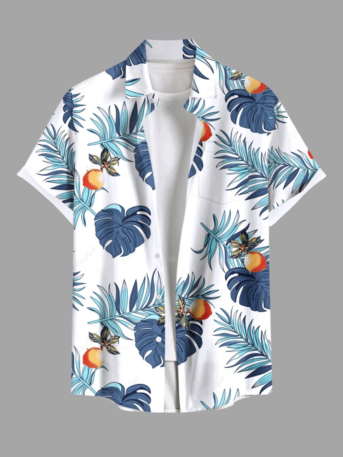 Best Plus Size Tropical Leaf Fruit Print Buttons Pocket Hawaii Shirt For Men  