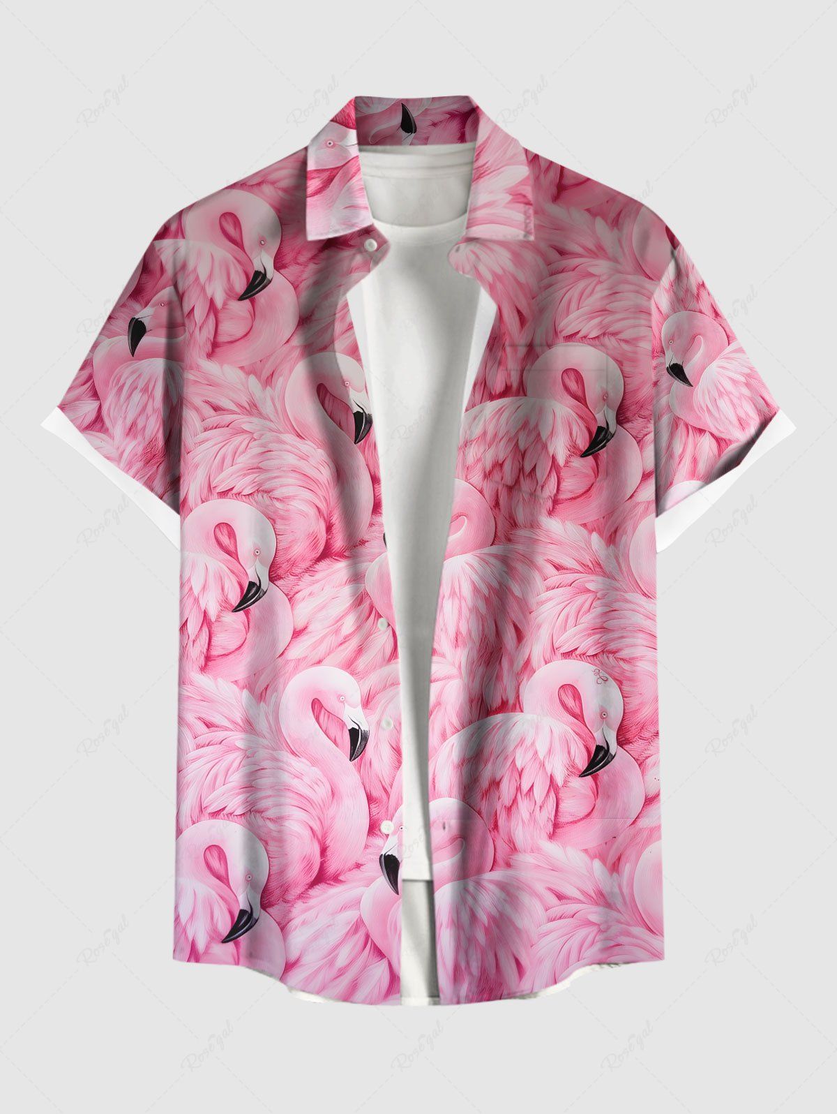 Buy Plus Size Flamingo Print Buttons Pocket Hawaii Shirt For Men  