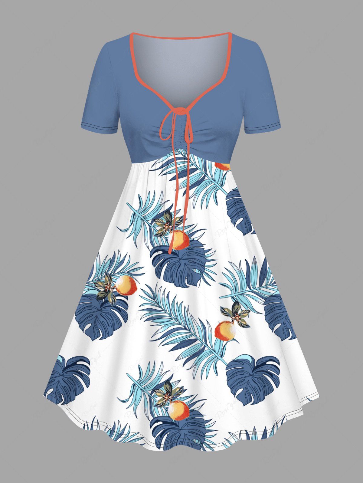 Chic Plus Size Tropical Leaf Fruit Print Cinched Hawaii Dress  