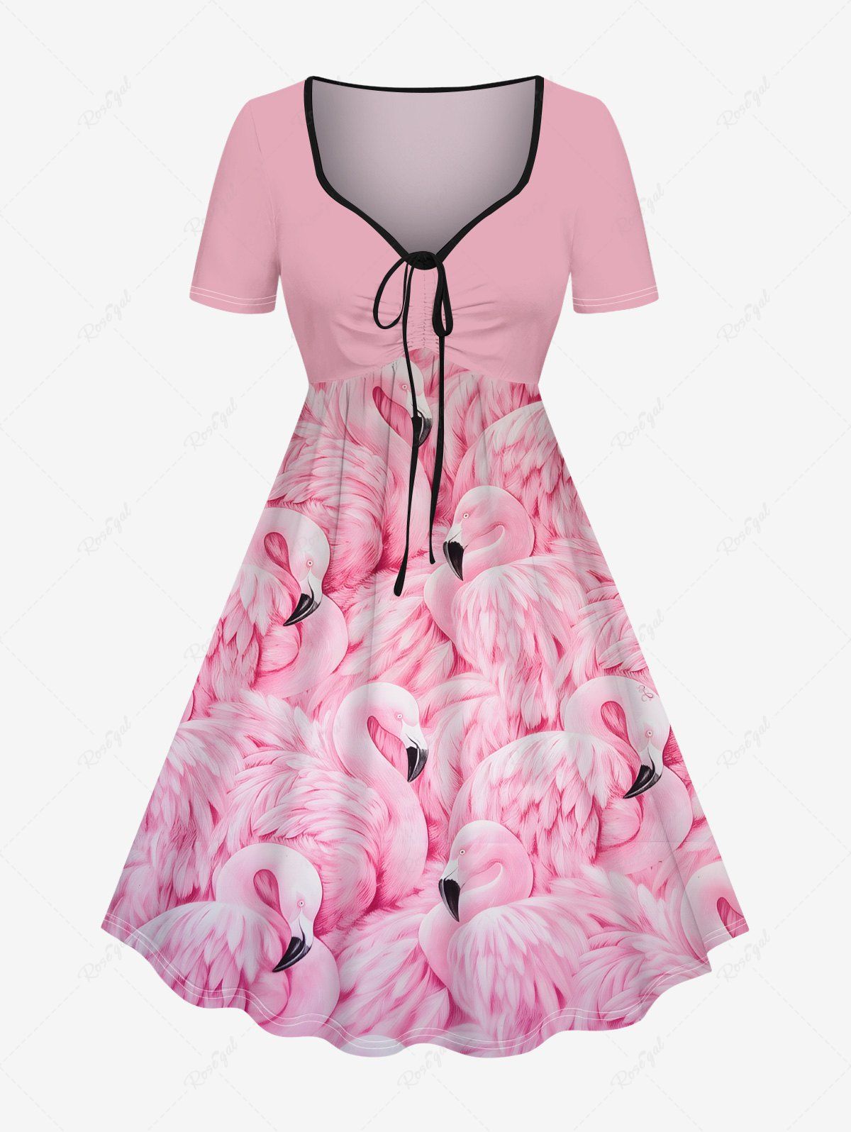 Hot Plus Size Flamingo Print Cinched Hawaii Dress  