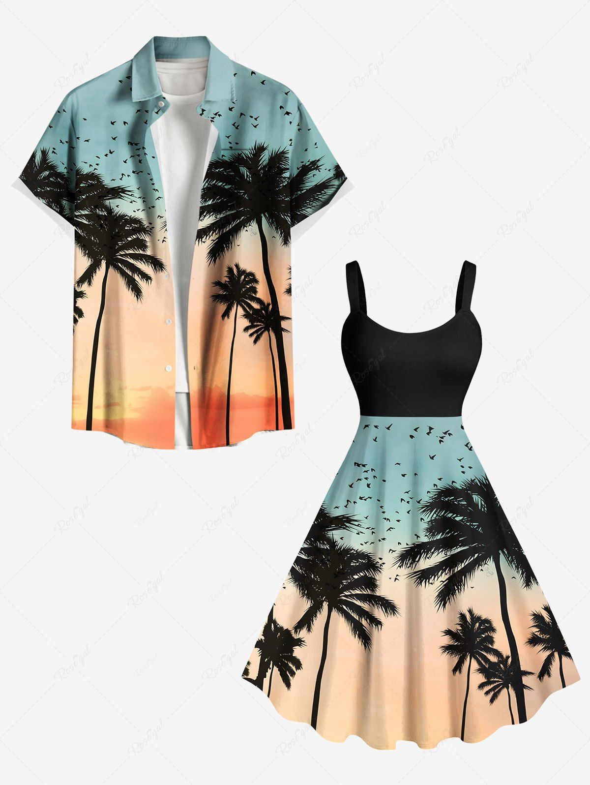 Outfits Coconut Tree Bird Ombre Dusk Print Plus Size Matching Hawaii Beach Outfit For Couples  