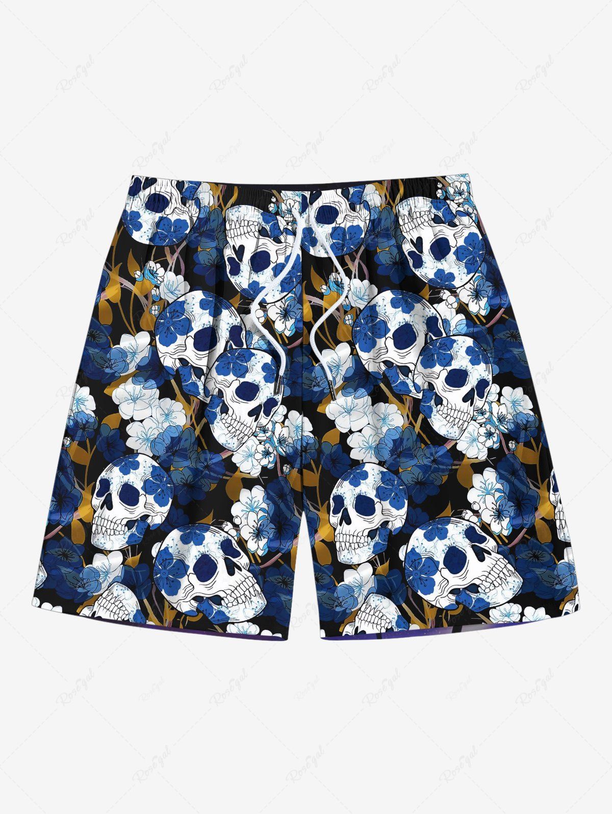 Fashion Plus Size Skull Floral Print Hawaii Drawstring Beach Shorts For Men  