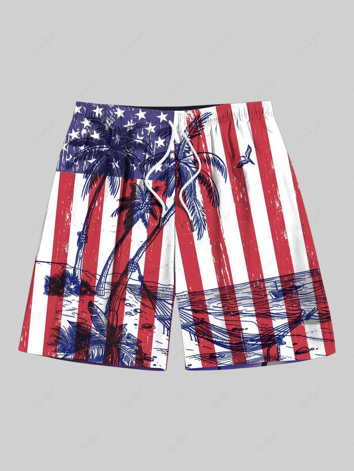 Chic Plus Size Coconut Tree Sea Patriotic American Flag Print Hawaii Drawstring Beach Shorts For Men  