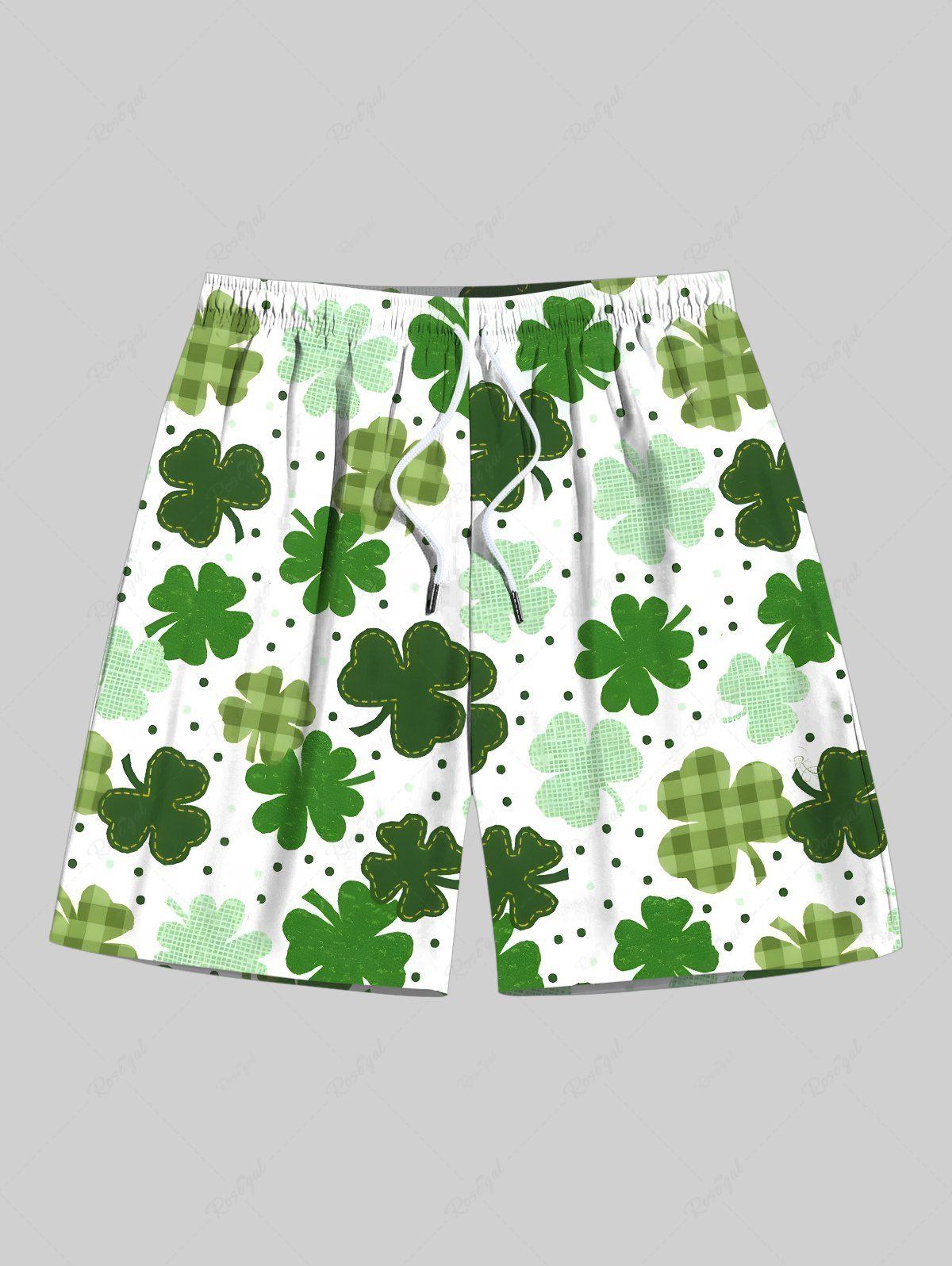 Sale Plus Size Four Leaf Clover Pin Dot Print Hawaii St. Patrick's Day Drawstring Beach Shorts For Men  