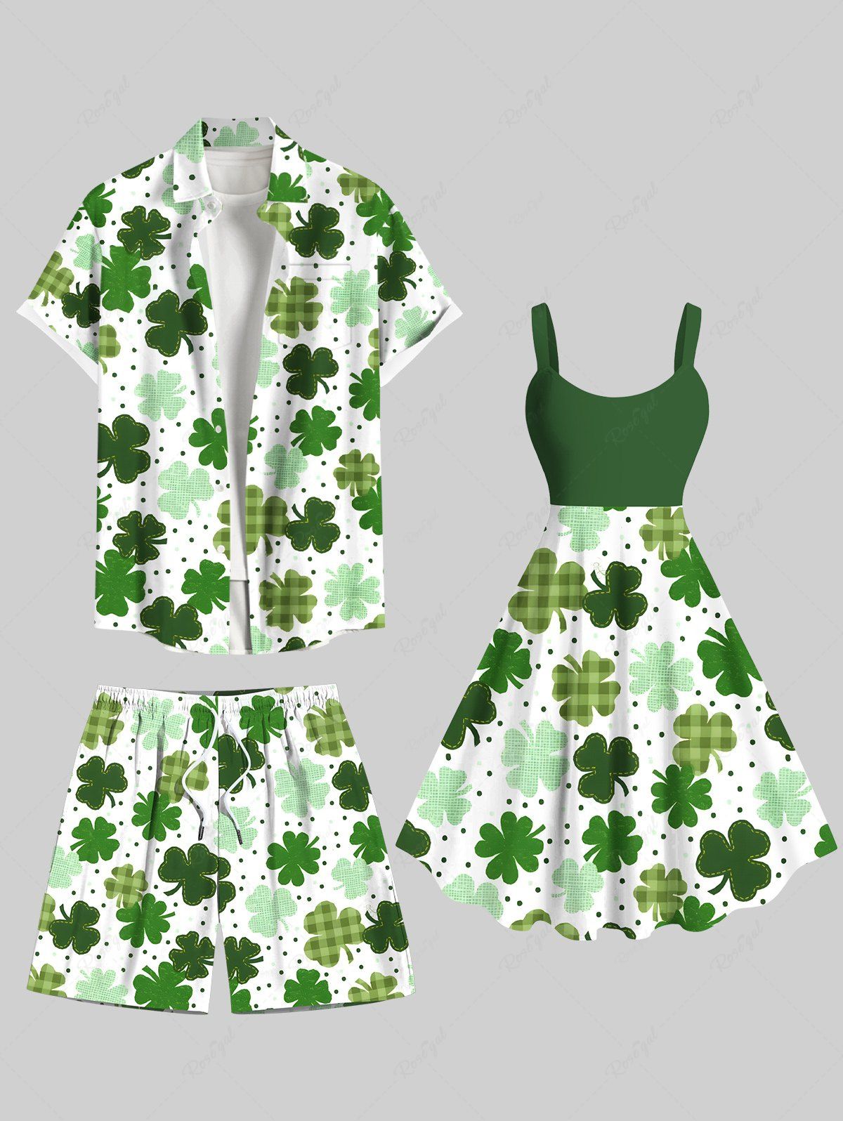 Online Plaid Four Leaf Clover Pin Dot Print St. Patrick's Day Plus Size Matching Hawaii Beach Outfit For Couples  