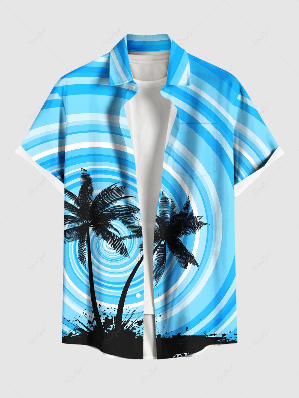 Chic Plus Size Coconut Tree Paint Splatter Swirls Print Buttons Pocket Hawaii Shirt For Men  