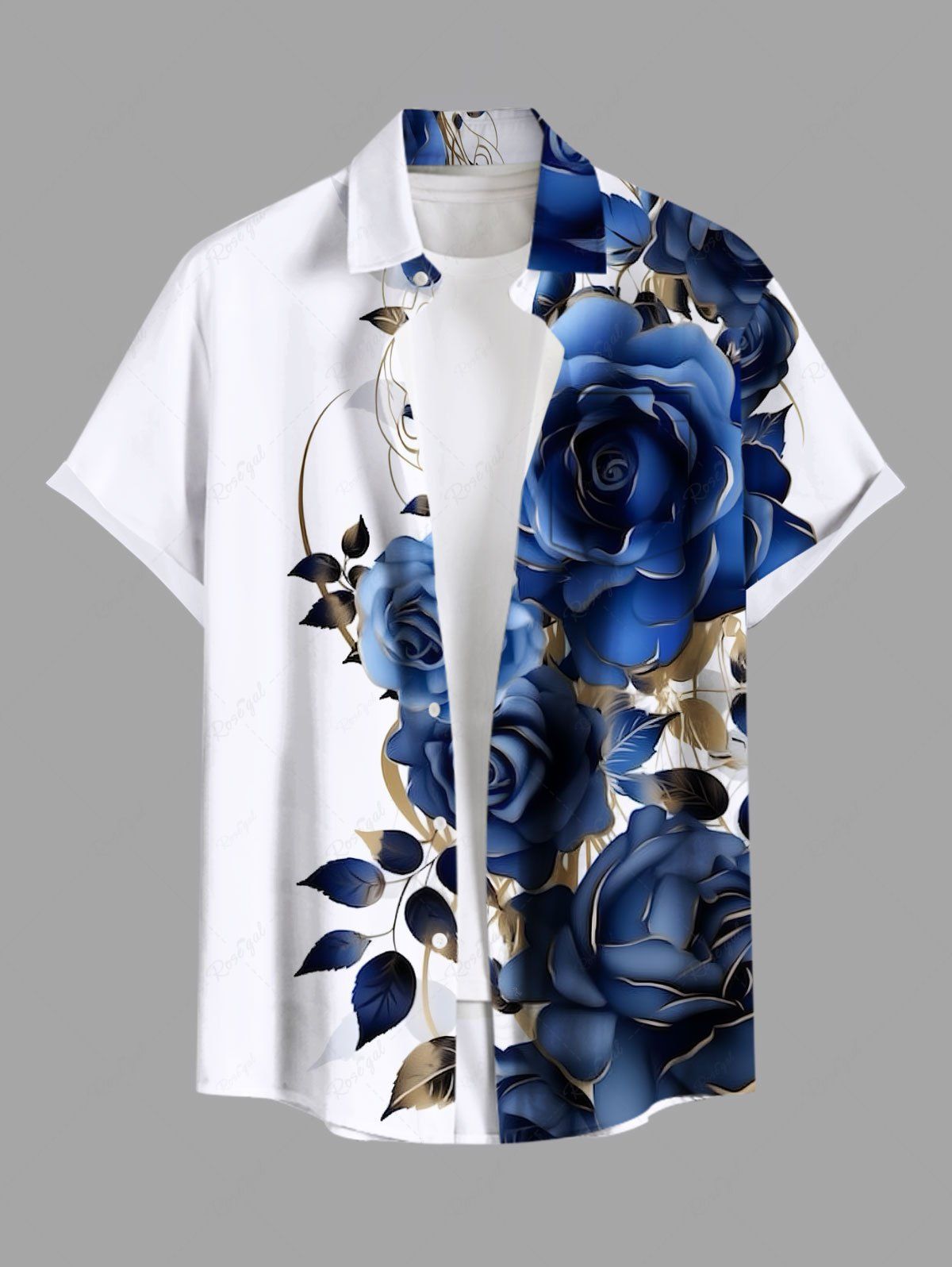 New Plus Size Rose Flowers Leaf Print Buttons Pocket Hawaii Shirt For Men  