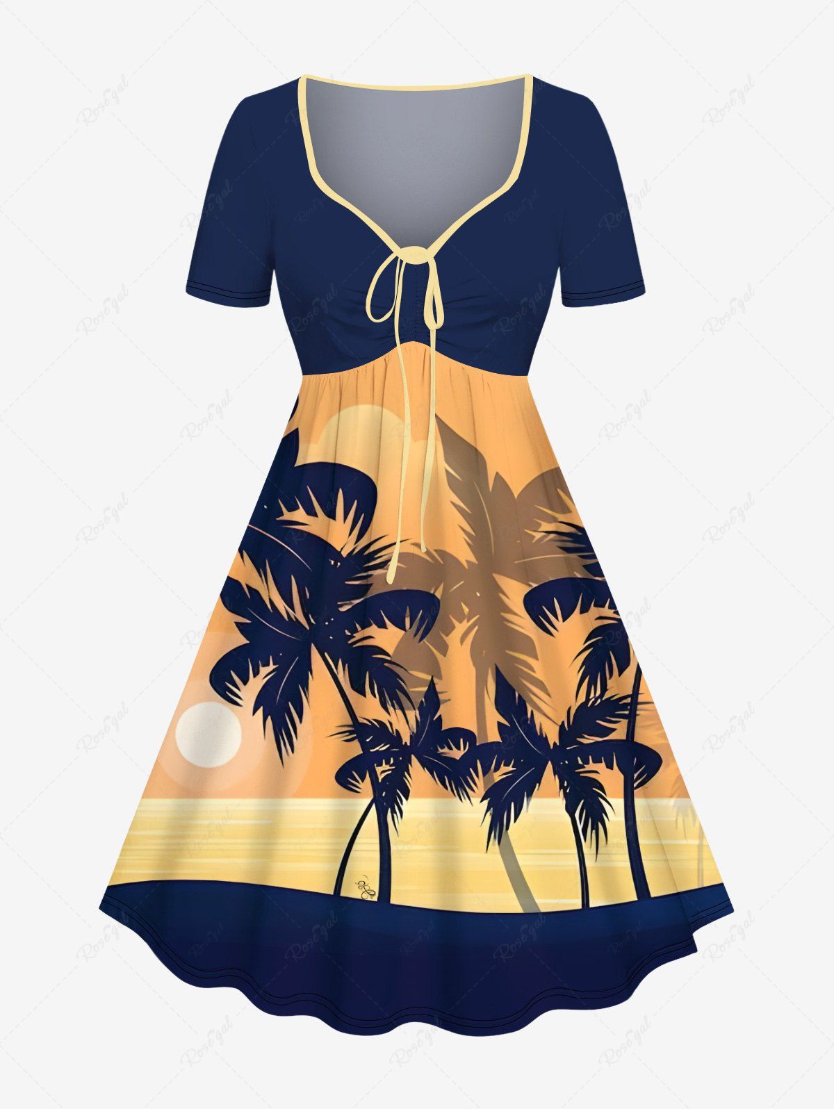 Outfits Plus Size Coconut Tree Sun Cloud Colorblock Print Cinched Hawaii Dress  