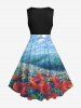 Plus Size Painting Rose Flower Sky Cloud Print Hawaii Vintage Swing A Line Dress -  