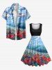 Plus Size Painting Rose Flower Sky Cloud Print Hawaii Vintage Swing A Line Dress -  