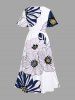 Plus Size Striped Petal Flower Print Hawaii Split Pocket A Line Midi Dress -  