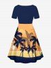 Plus Size Coconut Tree Sun Cloud Colorblock Print Cinched Hawaii Dress -  
