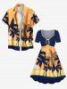 Plus Size Coconut Tree Sun Cloud Colorblock Print Cinched Hawaii Dress -  