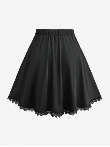 Puff Sleeves Lace Up Two Tone 2 in 1 Top and PU Panel Scalloped Cross Zipper A Line Skirt Plus Size Outfit