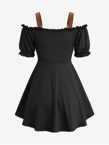 Puff Sleeves Lace Up Two Tone 2 in 1 Top and PU Panel Scalloped Cross Zipper A Line Skirt Plus Size Outfit