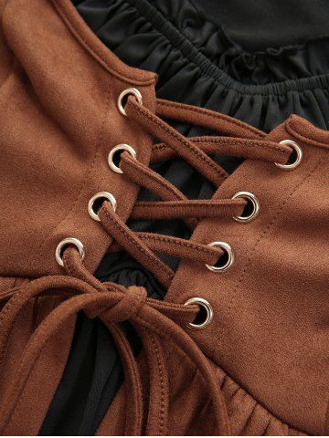 Puff Sleeves Lace Up Two Tone 2 in 1 Top and PU Panel Scalloped Cross Zipper A Line Skirt Plus Size Outfit
