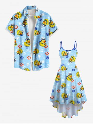 Anchor Swimming Ring Cute Duck Print Plus Size Matching Hawaii Beach Cruise Shirts Dress Outfit For Couples - LIGHT BLUE