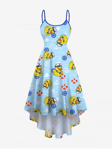 Plus Size Anchor Swimming Ring Cute Duck Print Hawaii Cruise High Low Asymmetric Cami Dress - LIGHT BLUE - 5X