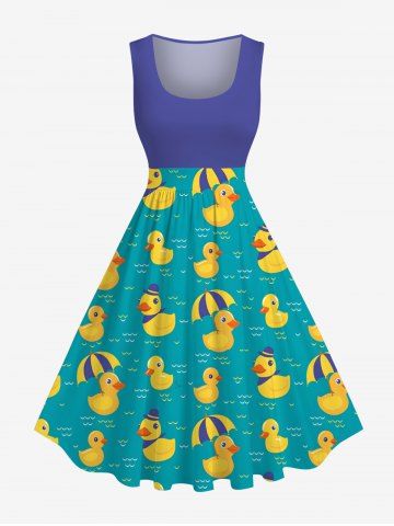 Plus Size Cute Duck Umbrella River Print Hawaii 1950s Vintage Swing A Line Dress - GREEN - L