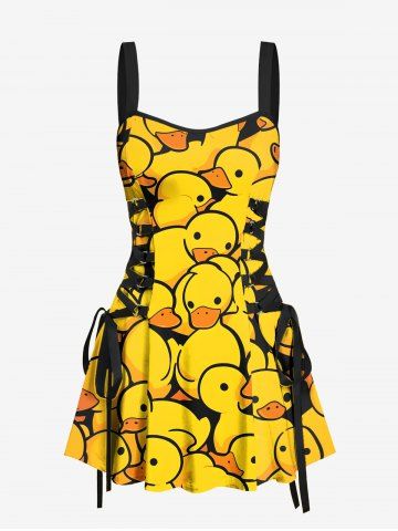 Cute Duck Print Hawaii Lace Up A Line Tank Dress - YELLOW - XS