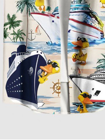 Coconut Tree Ducks Sea Waves Ship Print Plus Size Matching Hawaii Beach Outfit For Couples
