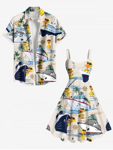 Coconut Tree Ducks Sea Waves Ship Print Plus Size Matching Hawaii Beach Outfit For Couples