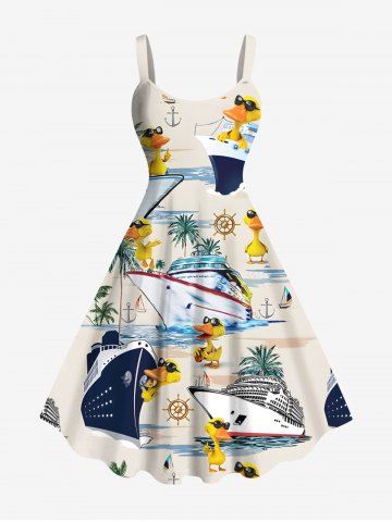 Plus Size Coconut Tree Ducks Sea Waves Ship Print Hawaii Cruise Tank Dress