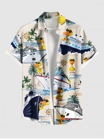 Plus Size Coconut Tree Ducks Sea Waves Ship Print Buttons Pocket Cruise Hawaii Shirt For Men - CRYSTAL CREAM - 3XL