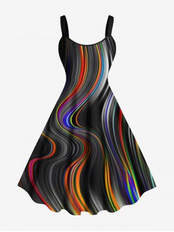 Plus Size Colorful Rainbow Light Beam Curve Print Hawaii Tank Dress - BLACK - 4X